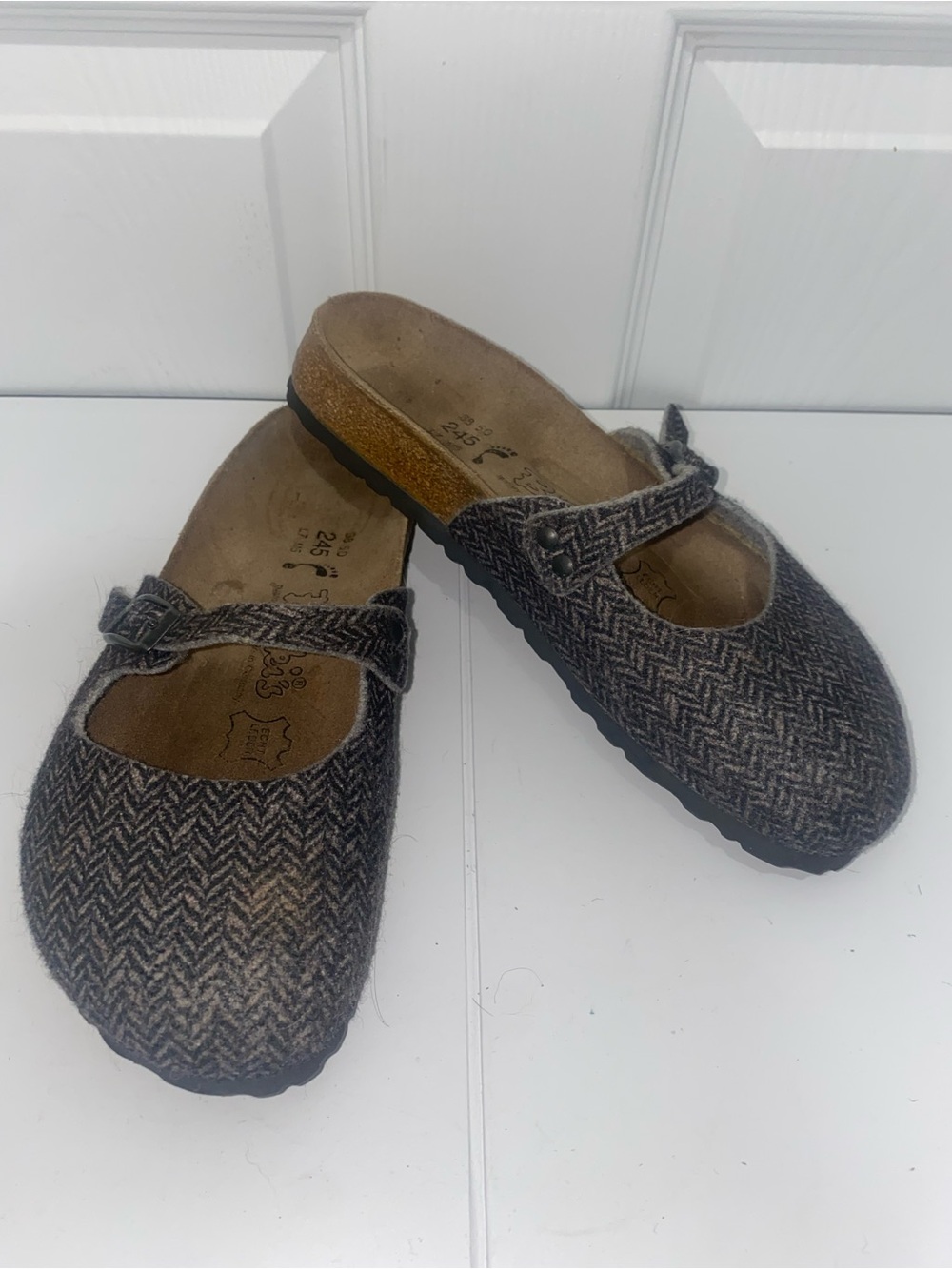 Birki’s Herringbone Mary Jane Clog Mules in Gray